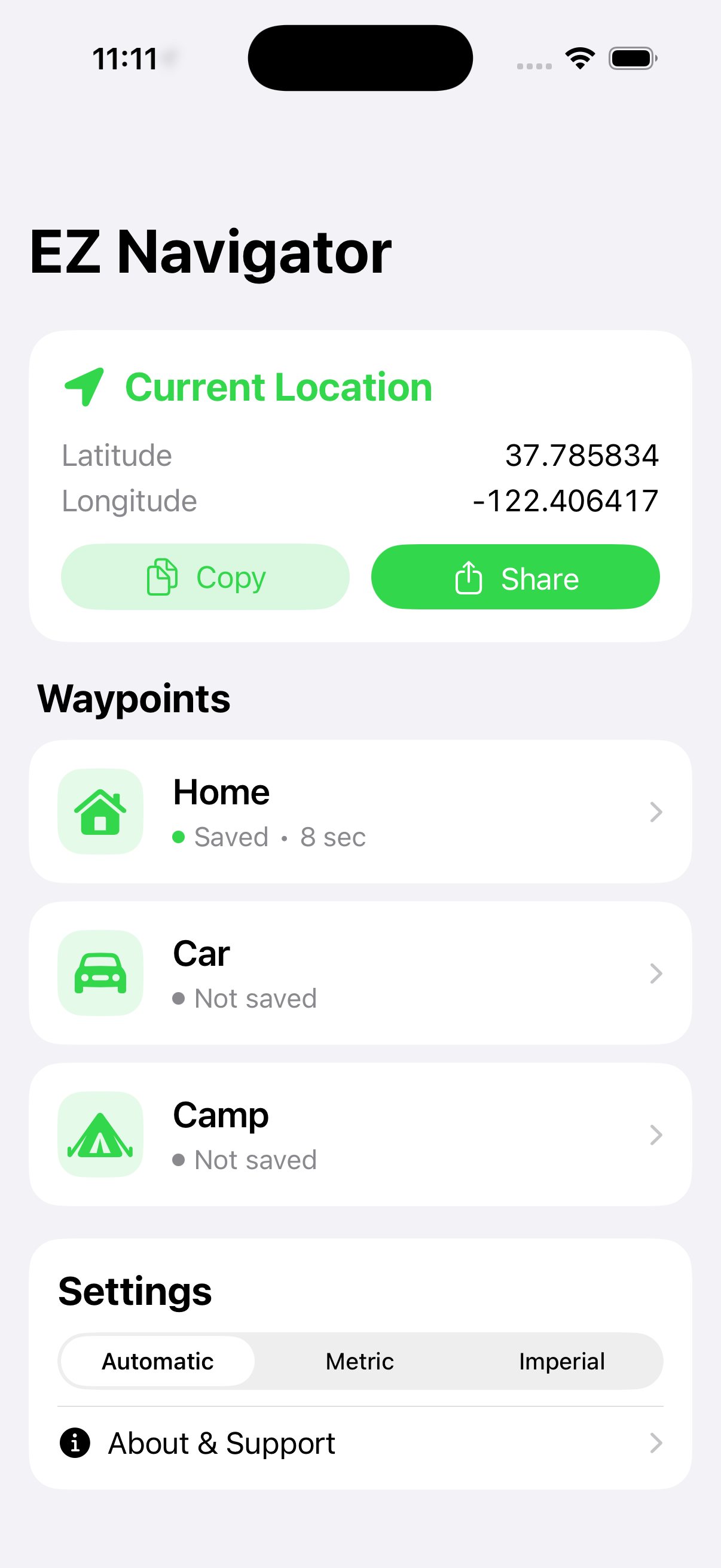 EZ Navigator iPhone home screen showing Home, Car, and Camp waypoints