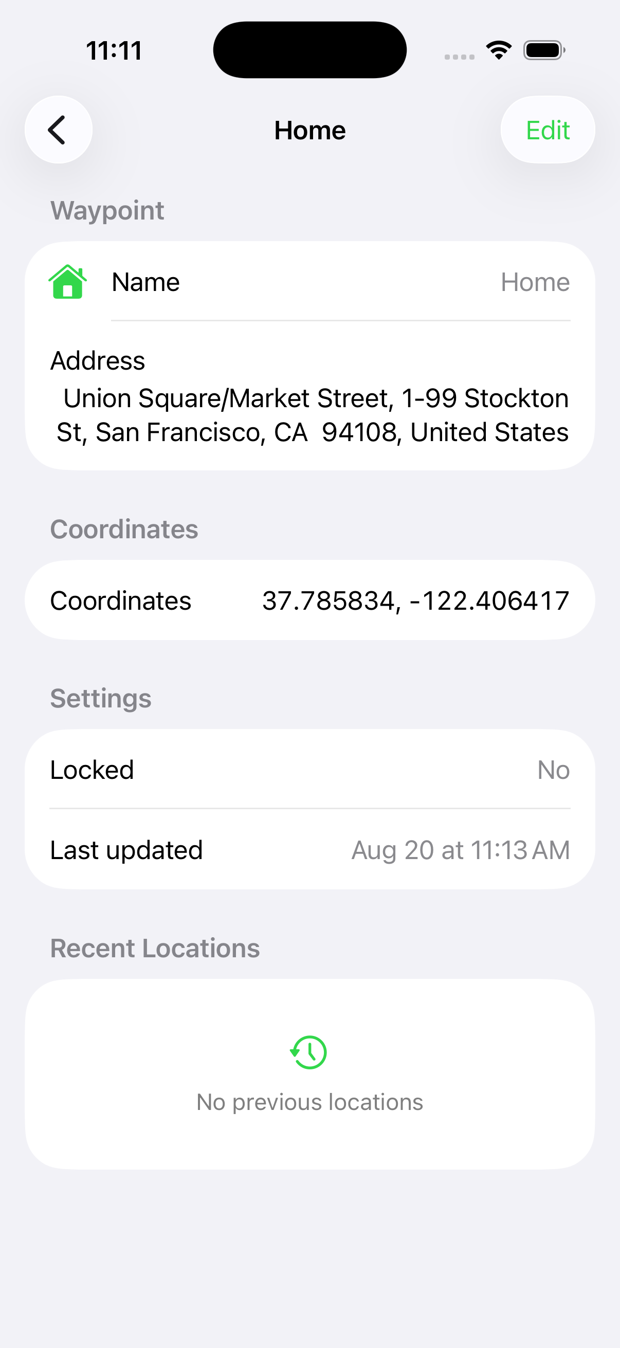 Home waypoint details in the EZ Navigator iPhone app