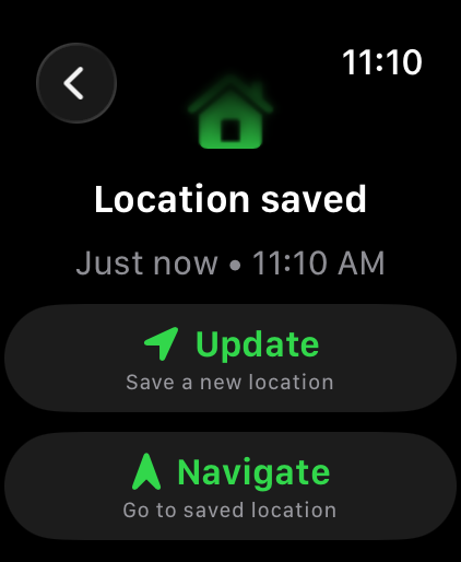 Saved location screen with Update and Navigate buttons on Apple Watch
